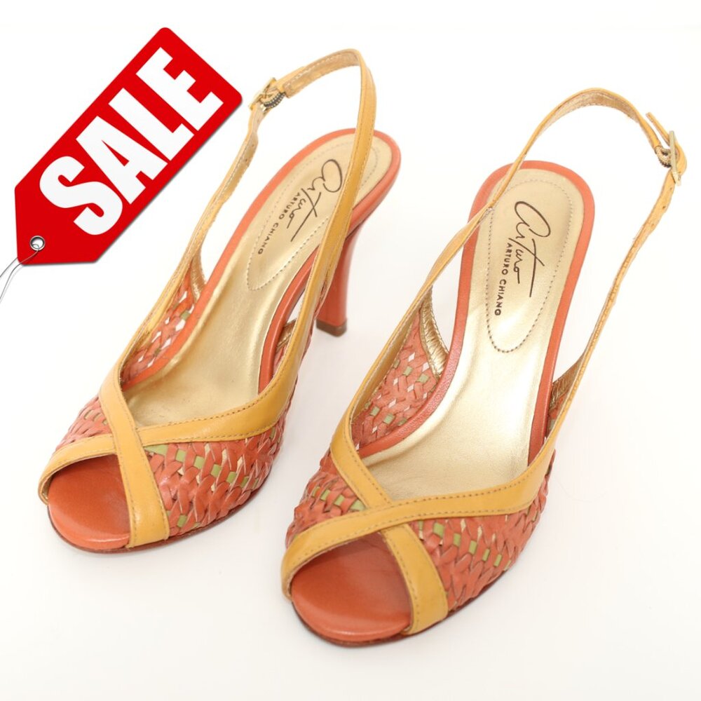 Arturo Chiang Leather Rattan Woven Sling Back Heels Sz 5.5